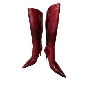 Via Spiga Red Snake Skin Leather Boots heel Womens Sz 8 Knee High Made In Italy